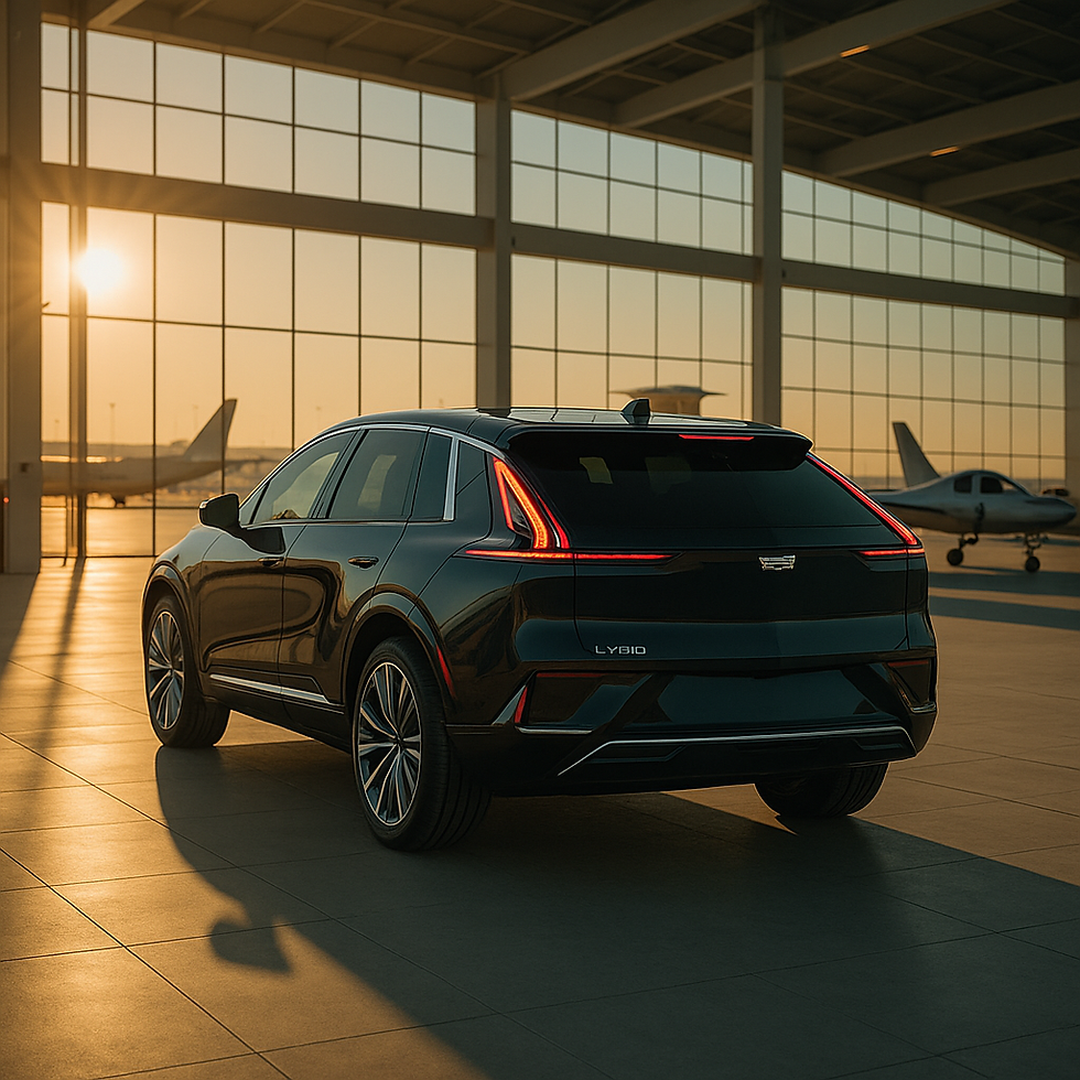 Luxury black SUV parked at Sea-Tac Airport hangar at sunrise, symbolizing professional airport transportation in Seattle