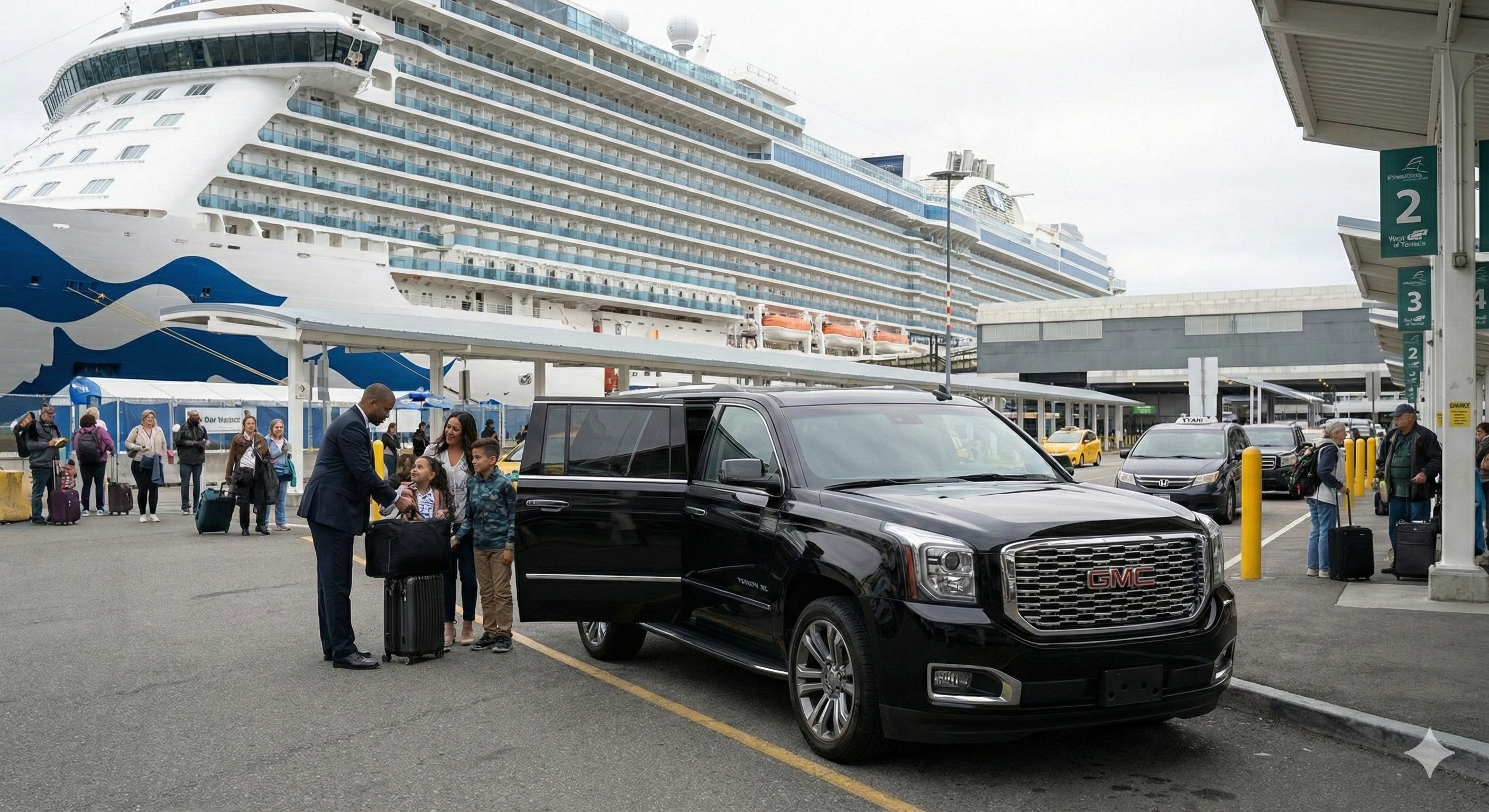 Luxury SUV parked along Seattle’s cruise port with a cruise ship docked behind it, offering premium cruise terminal pickup and drop-off.