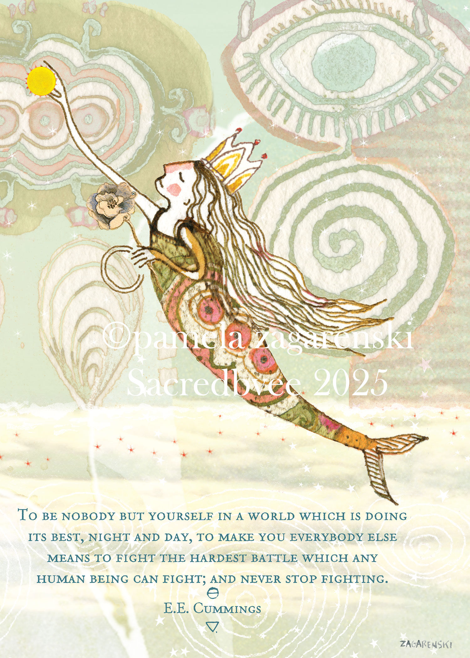 Sacredbee card with Mermaid and E.E. Cummings quote