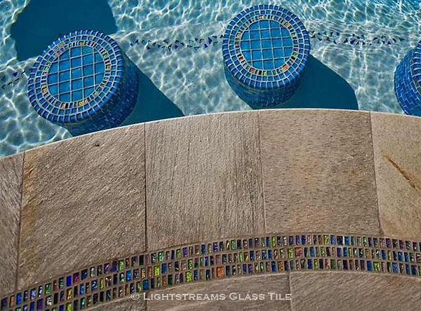 American Made Lightstreams Glass Tile swimming pool barstools and bar accented with strands of Jewel Inlays glass accent tiles also used for accent tile, pool tile, spa tile, waterline tile, bathroom tile, floor tile, kitchen tile, backsplash tile, wall tile, and fountain tile