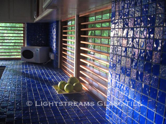 American Made Lightstreams Glass Tile Intense Blue tile is used as counter top tile, kitchen tile, wall tile, and backsplash tile.