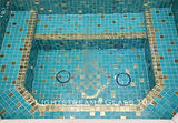 American made Lightstreams Glass Tile all glass tile pool and spa in Gold Iridescent Collection Aquamarine glass pool tile and spa tile with 24k gold accent tile as step markers
