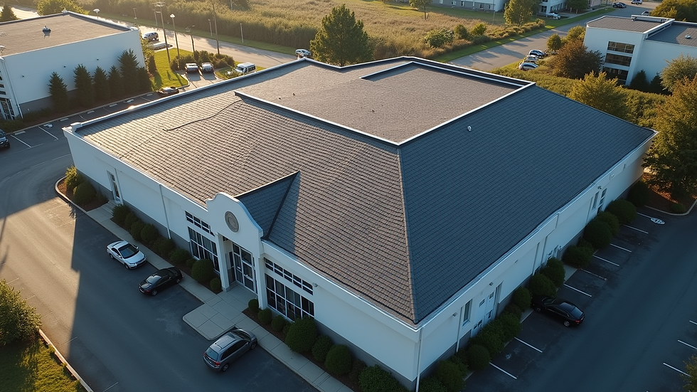 High angle view of a commercial building with asphalt shingle roofing