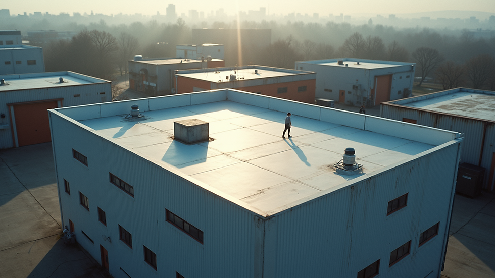 High angle view of a commercial building with a flat roof and rooftop equipment