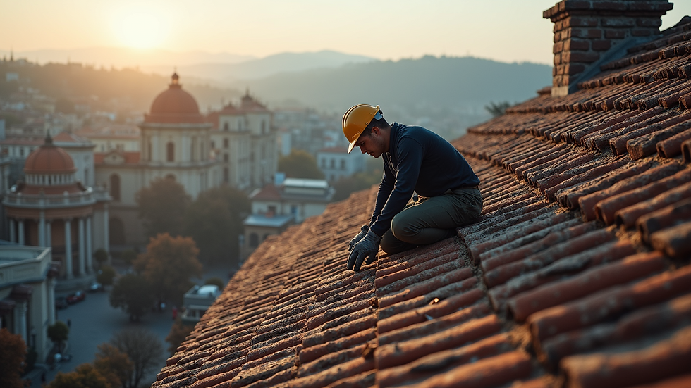 High angle view of a roofer inspecting a historic roof structure