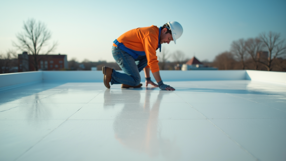 Eye-level view of roofing contractor inspecting TPO flat roof installation