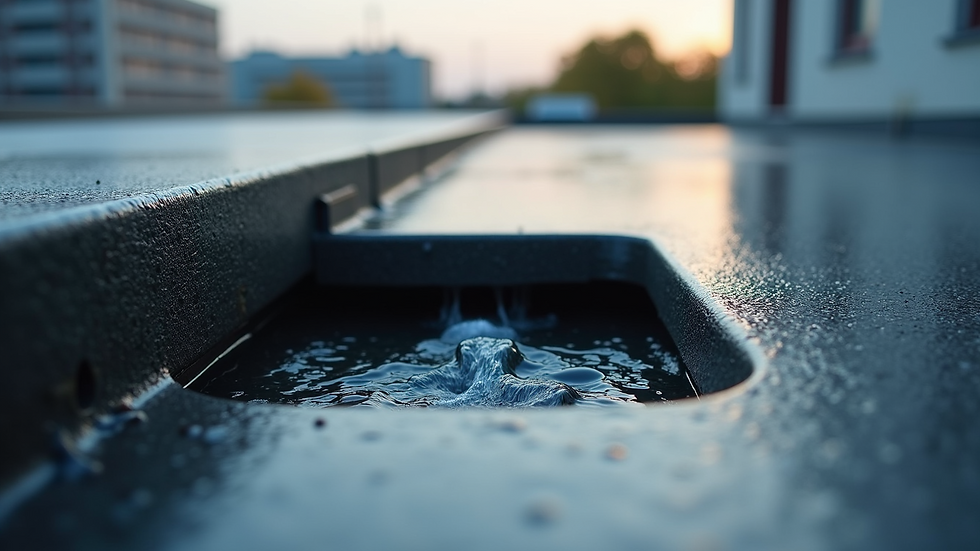 Close-up view of a flat roof drainage system with water flowing into a drain