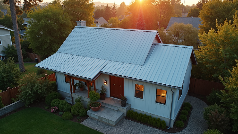 High angle view of a house with a newly installed metal panel roof