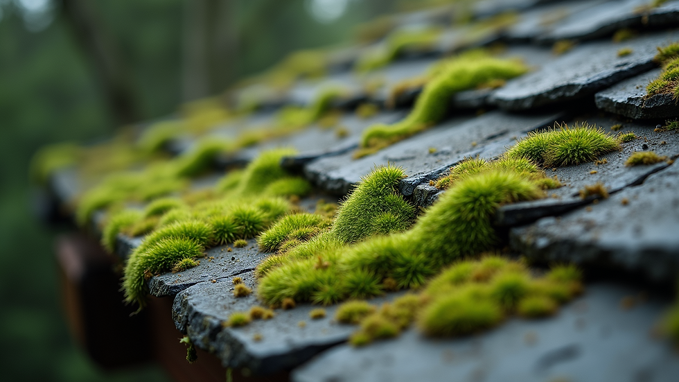 Close-up view of moss covering slate roof tiles