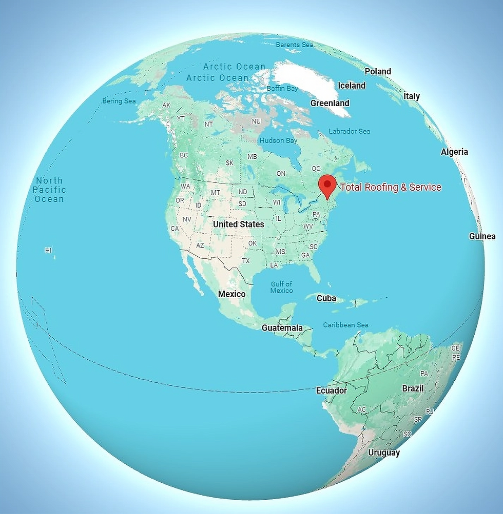 Map of North and South America on a globe, with a red location pin labeled "Total Roofing & Service" in the eastern United States.