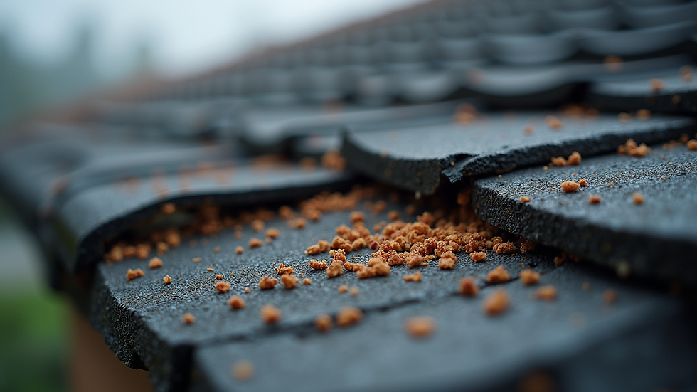 Close-up view of damaged roof shingles with granules missing