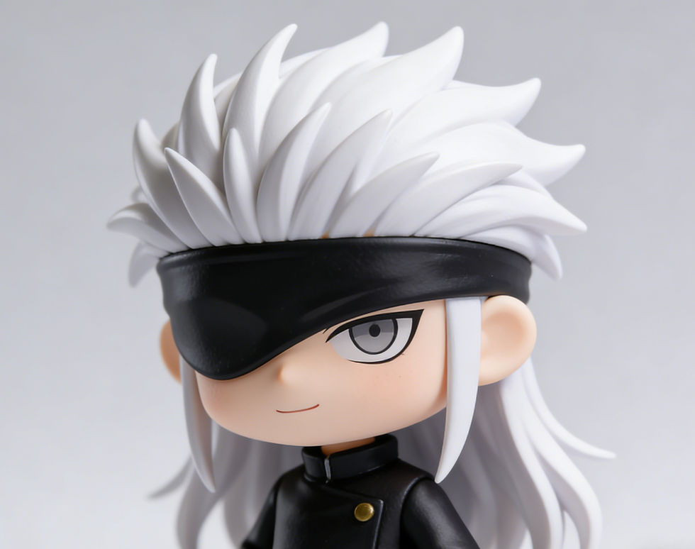 Miniatura: Dettaglio figurina Gojo Satoru, capelli bianchi, benda nera, espressione sorridente.