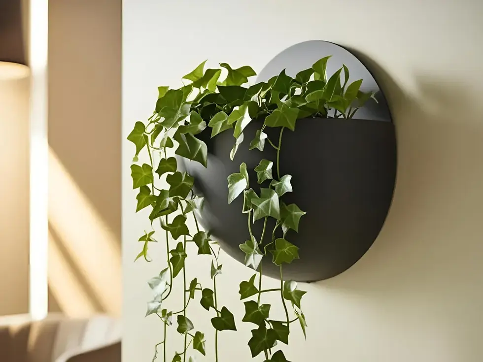Fioriera rotonda nera a parete con edera verde cascante in interno.
