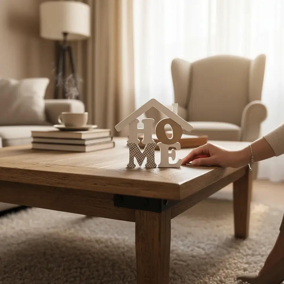 Mano accarezza decorazione HOME su tavolino in salotto accogliente.