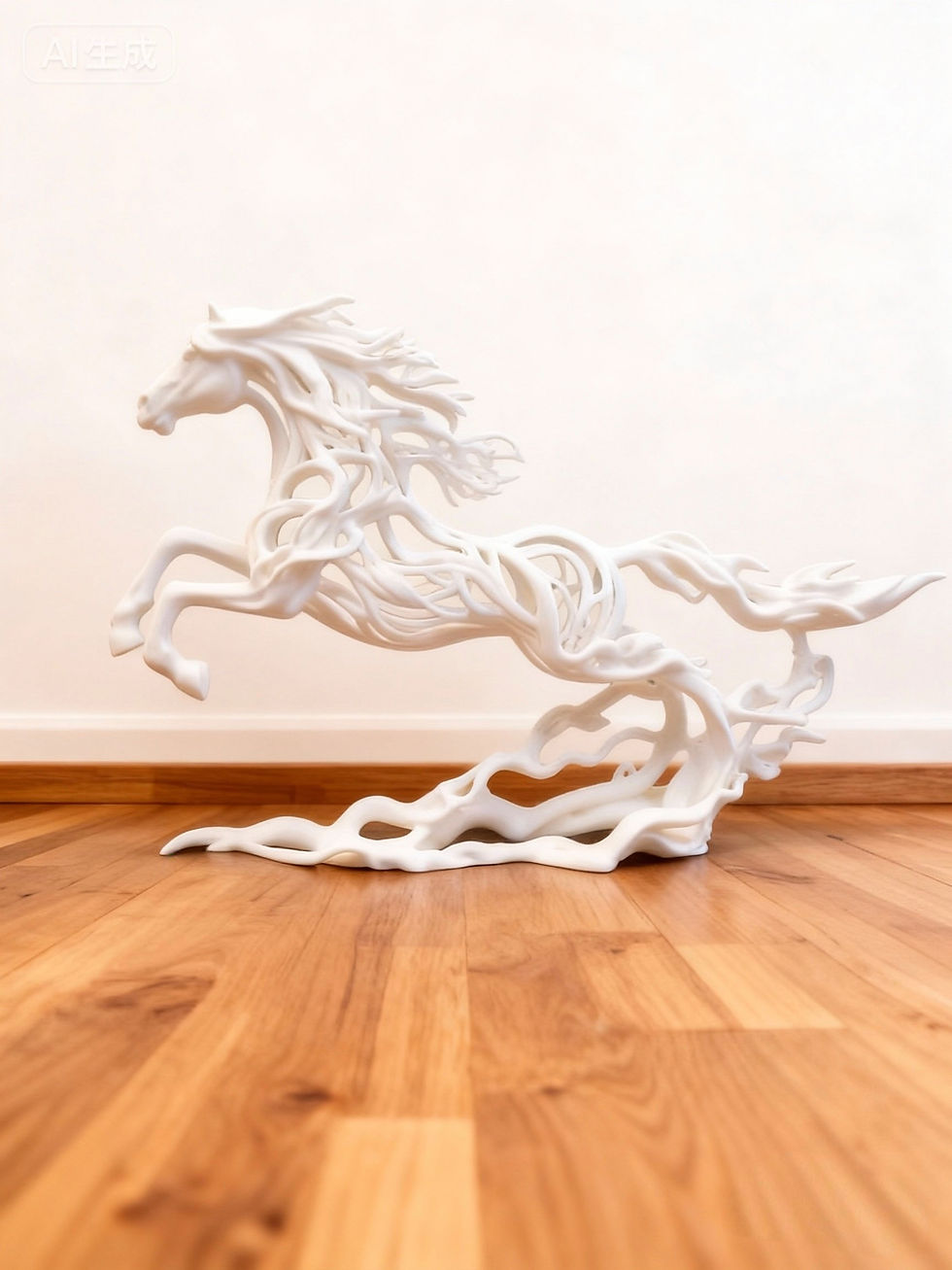Miniatura: Scultura astratta di cavallo bianco che salta su pavimento in legno