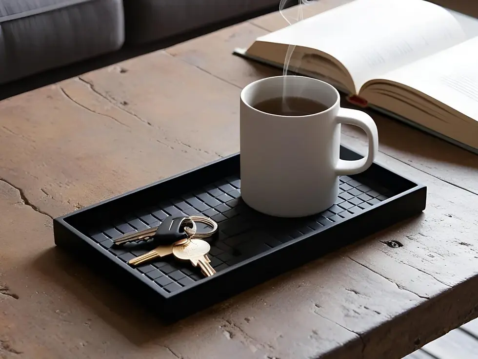 Tazza fumante, chiavi su vassoio nero, libro aperto su tavolo legno.