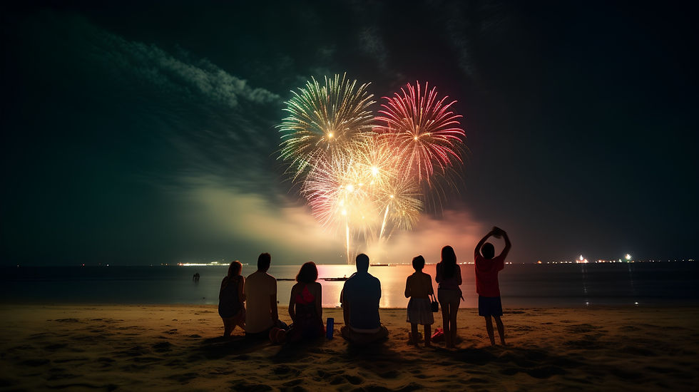 Silhouette of happy family watching fireworks on the beach at night