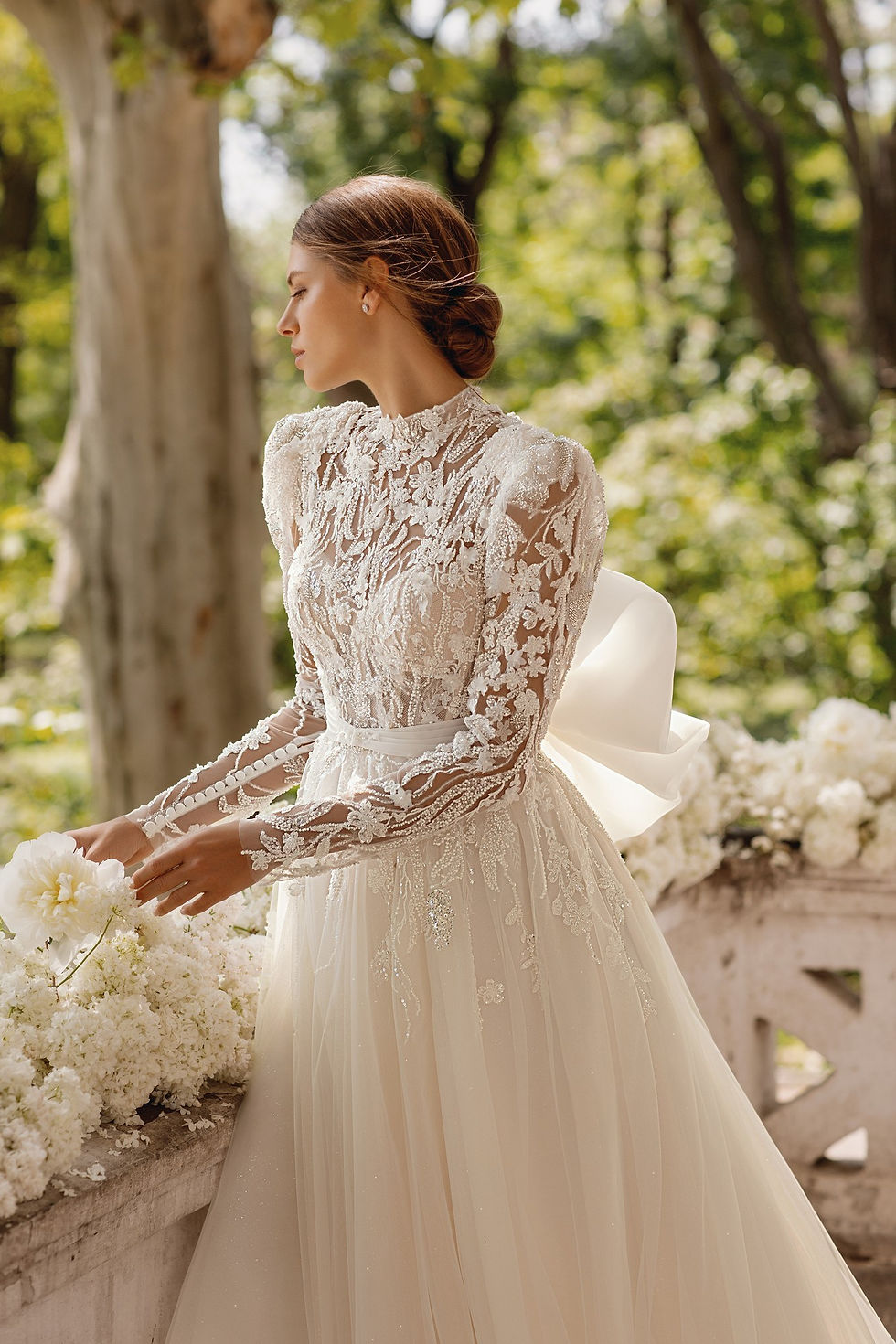 Thumbnail: A-line lace wedding dress embroidered high neck dress puff long bracelet sleeves