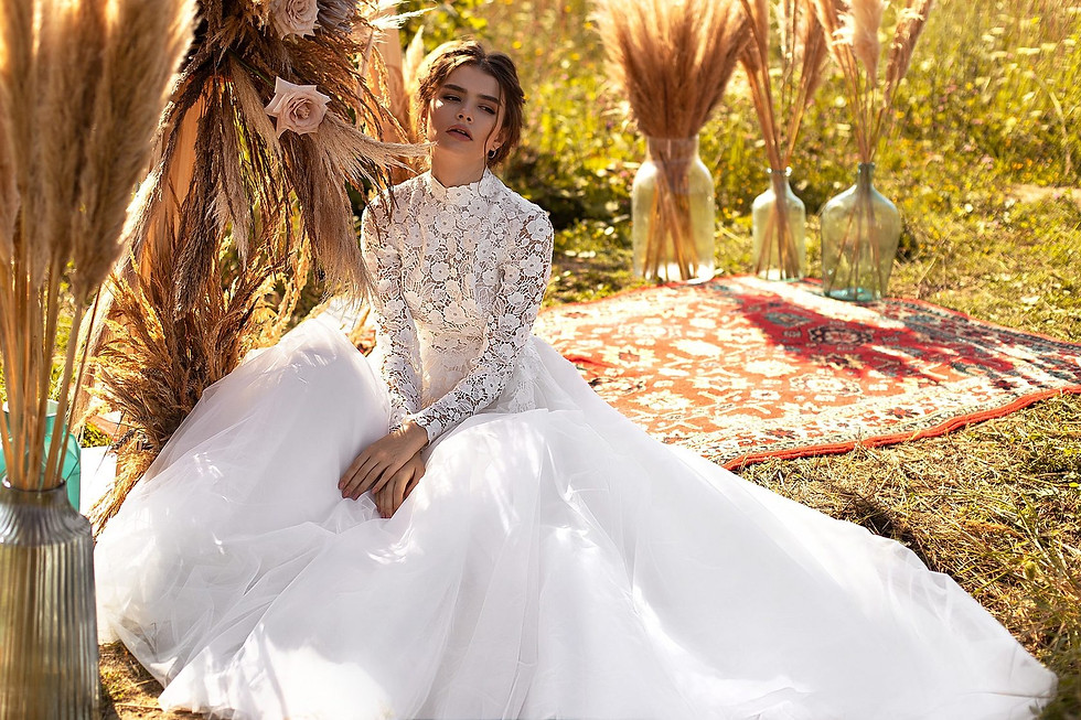 Thumbnail: Cotton guipure high neck wedding dress with long sleeves modest Paris Hilton sty