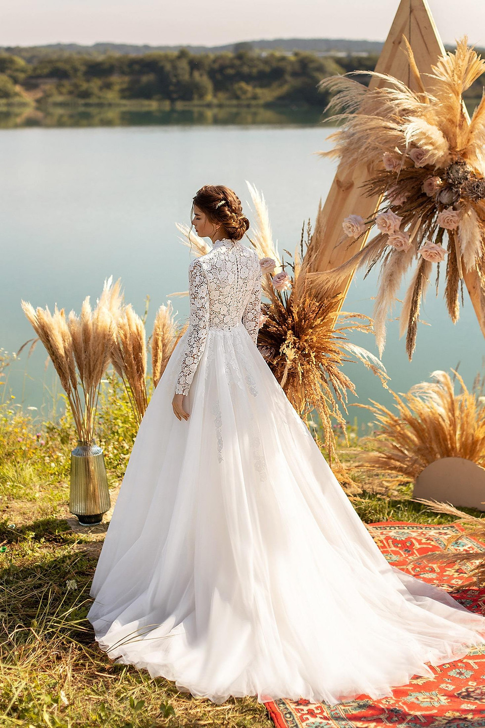 Thumbnail: Cotton guipure high neck wedding dress with long sleeves modest Paris Hilton sty