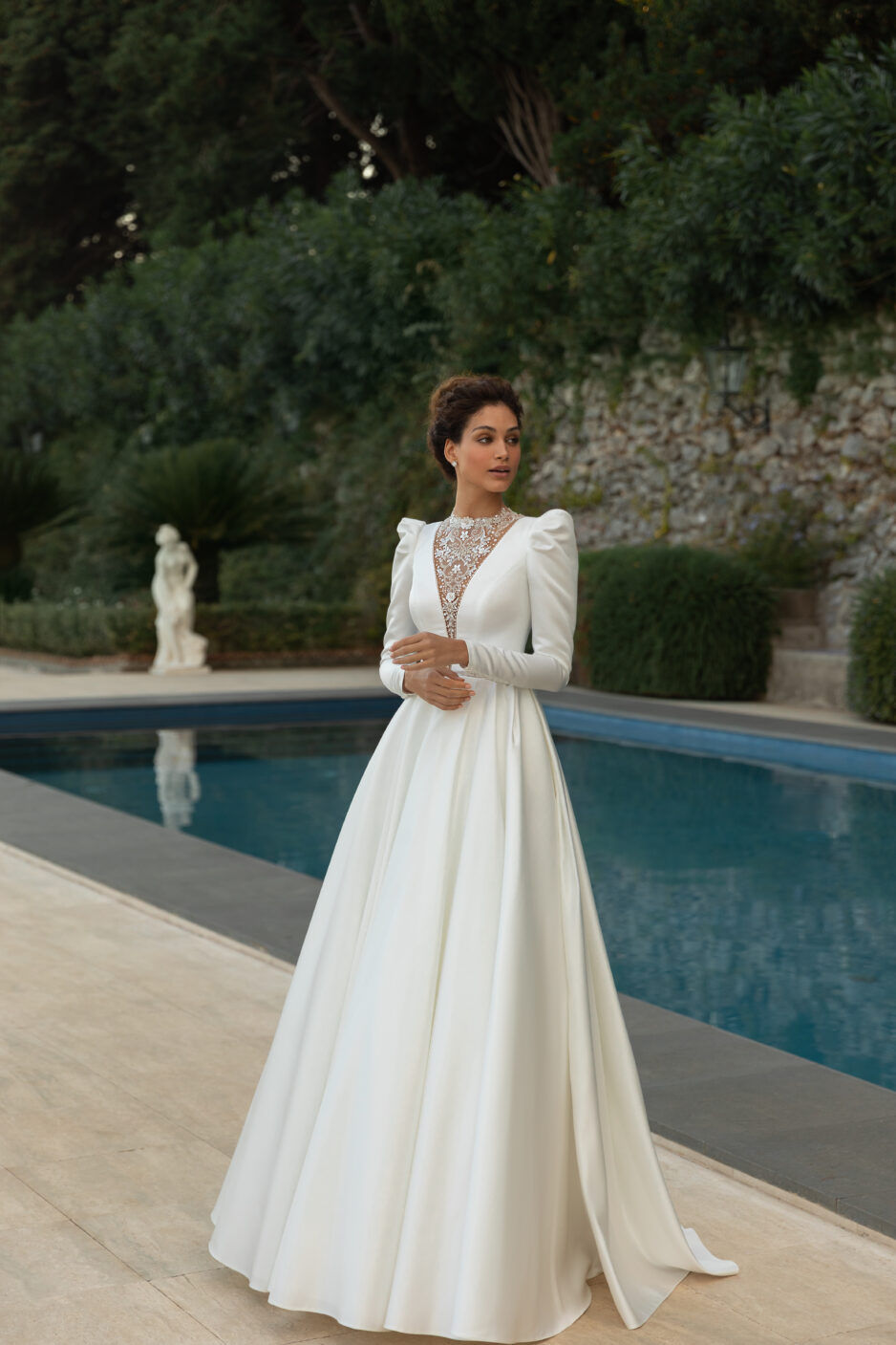 Thumbnail: Long  puff sleeves  deep V neckline atlas wedding dress with lace back and lace