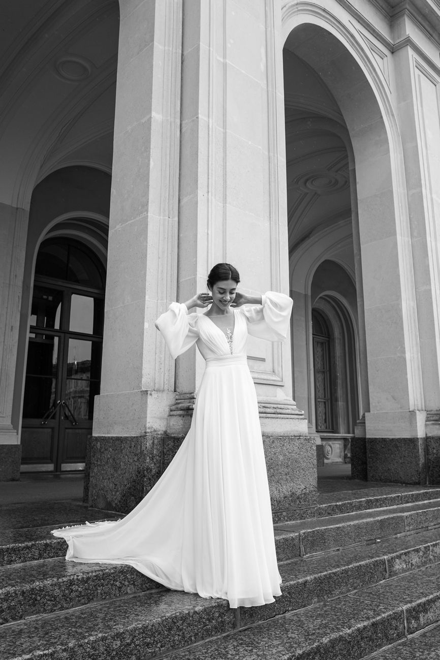 Thumbnail: Long sleeve chiffon  boho wedding dress sheer lace illusion back and  puff sleev