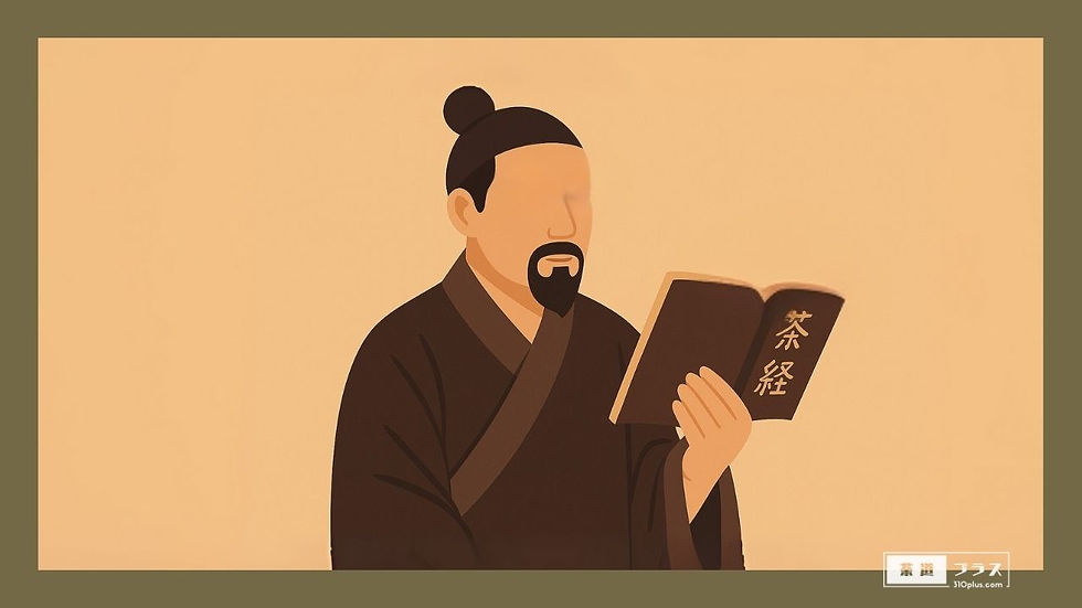 中国の古典『茶経』を手にしながら茶を語る陸羽が描かれた、中国茶文化の源流と知識の伝播を象徴するイメージ画像。