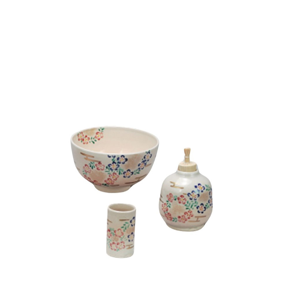 仁清「花輪」の陶器三点セット。田中香泉作で、可憐な花の輪が描かれ、茶席を彩る柔和な仁清写しです。