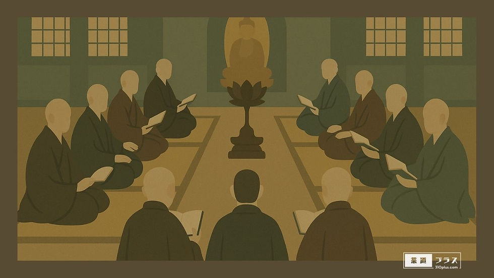 荘厳な本堂内で仏像を中心に経を唱える大勢の僧たちの読経の様子を描いた禅宗の修行風景イメージ画像。