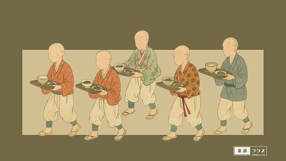 色とりどりの着物をまとった五人の同朋衆が並んで正座する様子を描いた、室町時代に活躍した世話人の姿を象徴するイメージ画像。