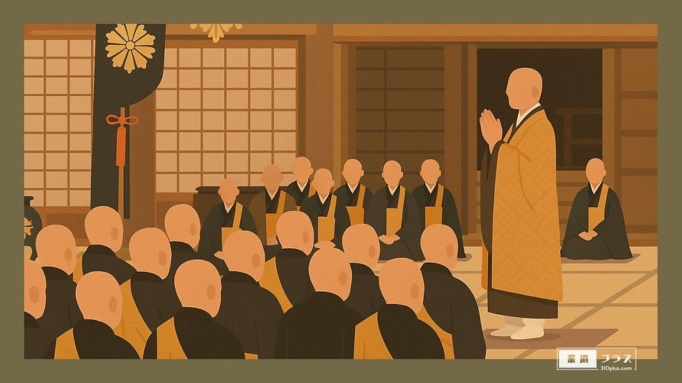 僧侶たちが法堂に集い、一人の僧が合掌して説法を行う厳粛な場面を描いた、茶の歴史や文献の記述を象徴するイメージ画像。