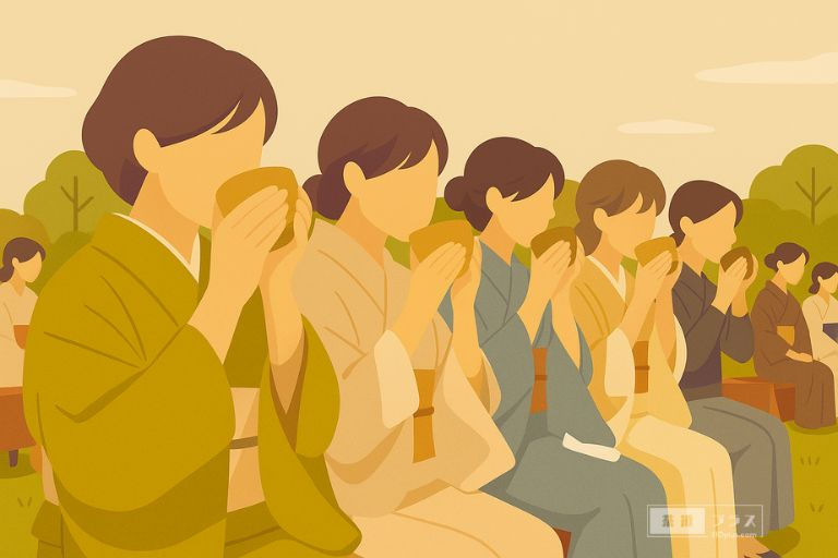 屋外の茶会で和装の参加者たちが整列し、全員が両手で茶碗を持ち、静かに抹茶をいただく場面を描いた、茶の歴史や文献の記述を象徴するイメージ画像。