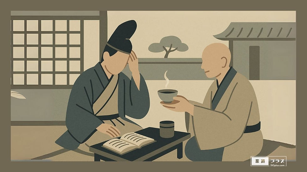 二日酔いで苦しむ源実朝に、栄西が茶を差し出す場面を描いた、学びと癒やしの象徴としての茶の役割を表すイメージ画像。
