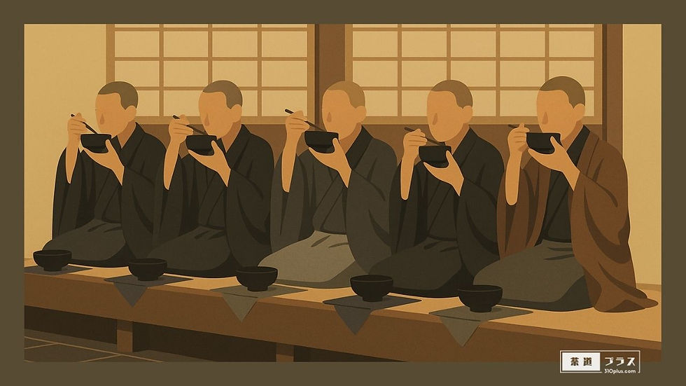 複数の僧侶風の人物たちが整列して食事をとる様子を描き、修行と日常が一体となった禅宗の生活を表す茶の歴史や文献の記述を象徴するイメージ画像。