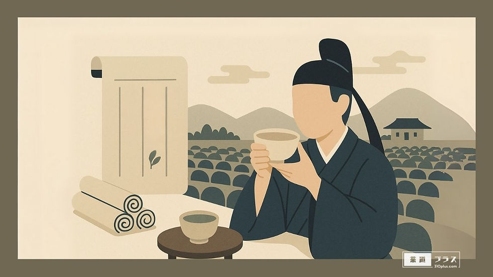 山々と茶畑を背景に、茶碗を持って茶を味わう人物と巻物が描かれた、景観とともに楽しむ茶文化の美意識を象徴するイメージ画像。