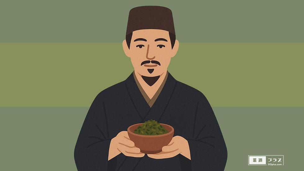 和装の僧侶風の人物が若い茶の苗を植えている様子を描いた、茶の栽培と文化の起源を象徴する茶の歴史や文献の記述を象徴するイメージ画像。