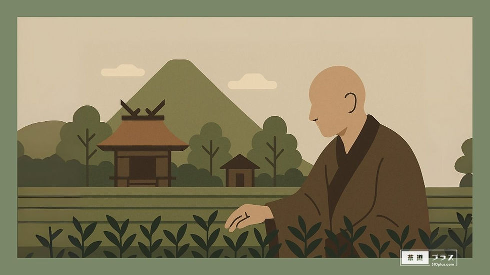 茶畑の前に立つ最澄が、背後に広がる山と社殿を背景に茶の栽培を見守る、日本の喫茶文化の始まりを象徴するイメージ画像。