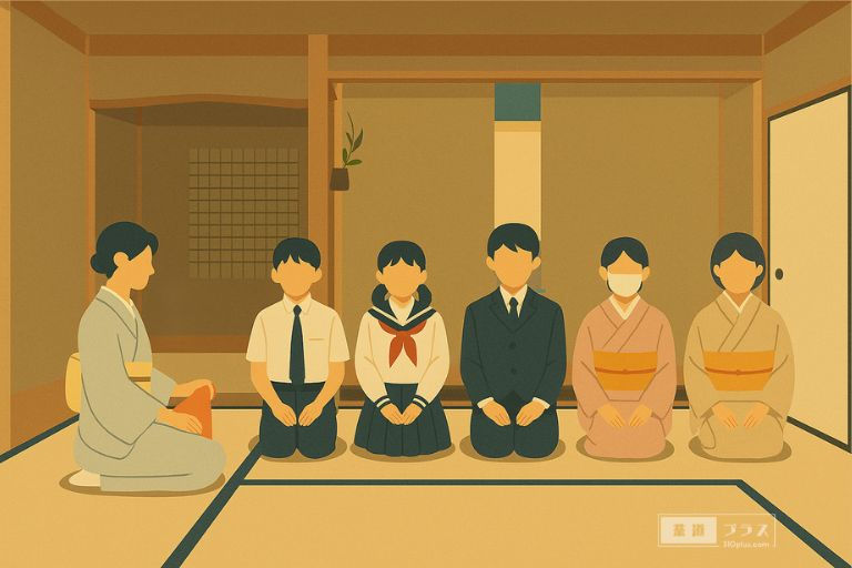 和室にて、学生服や和装姿の若者たちが横一列に正座し、着物姿の先生と向き合って静かに茶席に臨む場面を描いた、茶の歴史や文献の記述を象徴するイメージ画像。