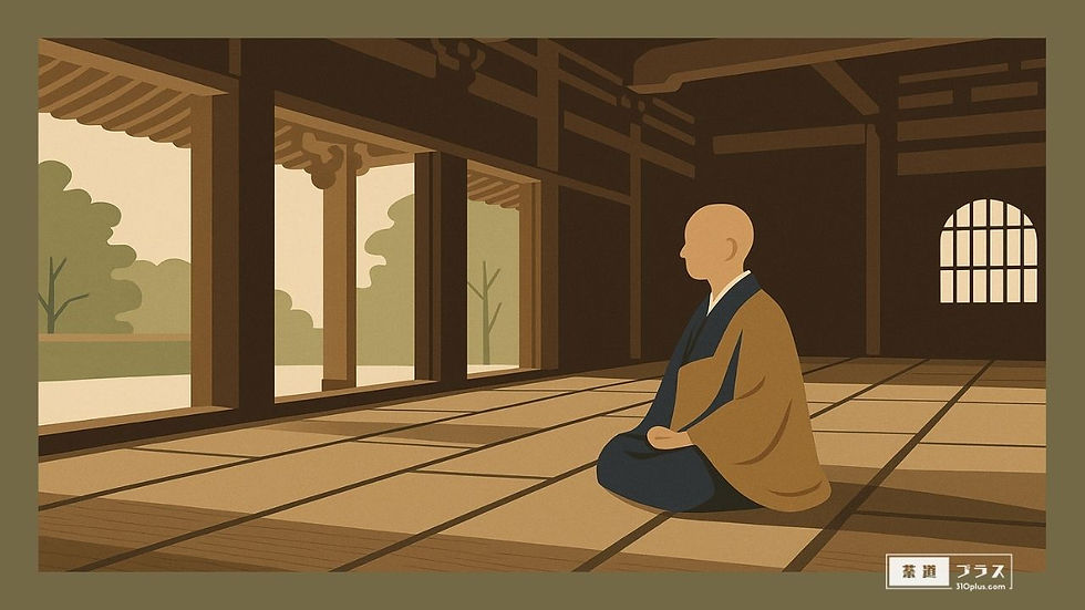 落ち着いた木造建築の室内で、禅僧の男性が端正に座し、庭の景色に向き合っている姿を描いたイメージ画像。