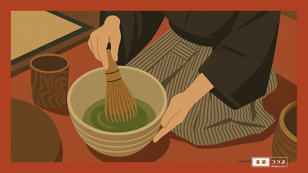 和装の人物が茶筅を使って大福茶碗にて抹茶を点てている様子のイメージ画像。
