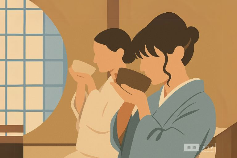 茶室の丸窓を背景に、和装の女性たちが正座し、丁寧に茶碗を口元に運ぶ様子を描いた、茶の歴史や文献の記述を象徴するイメージ画像。