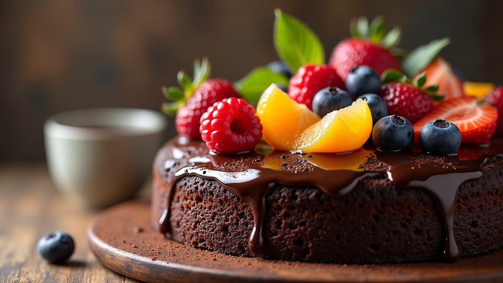 Close-up view of a chocolate cake topped with fresh fruits
