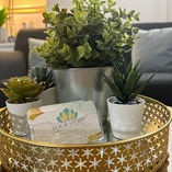 Gold star pattern tray with artificial plants and 'FLOOR STORY' card