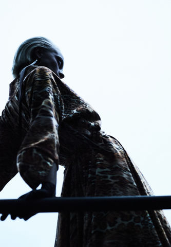 Dramatic low-angle fashion shot of a model with slicked-back platinum hair, styled by Stil-ch – Hair Coloring & Fashion Styling Berlin – wearing a flowing leopard-print outfit while leaning on a railing, silhouetted against a pale sky for a striking and powerful visual impact.