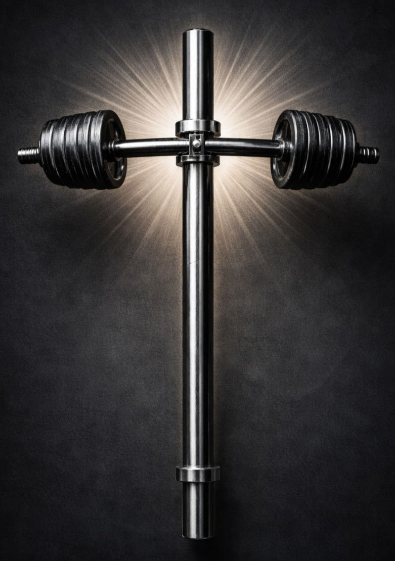 Faith and Fitness: Barbell cross with radiating light