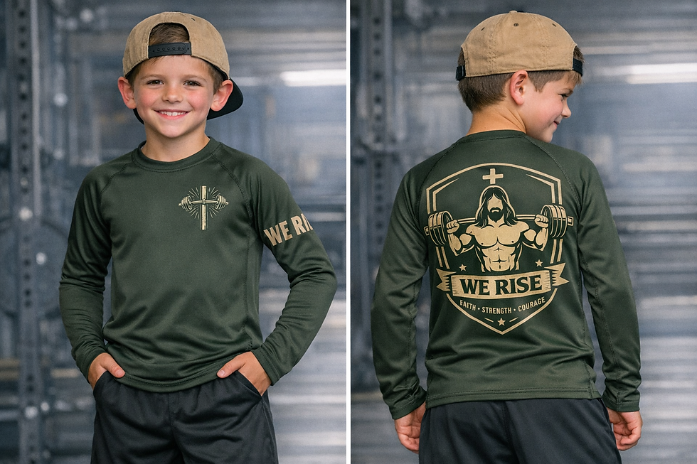 Boy in green 'WE RISE' faith and fitness shirt