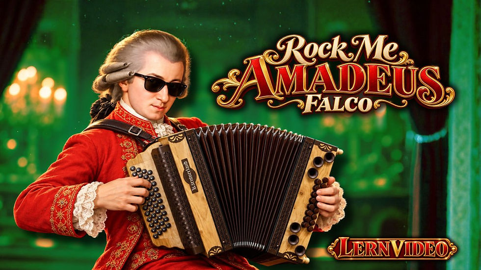 Punkiger Mozart mit Sonnenbrille und Steirischer Harmonika auf dem Lernvideo-Thumbnail zu Rock Me Amadeus von Falco.