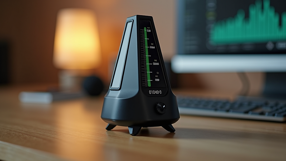 Close-up view of a digital metronome on a wooden desk