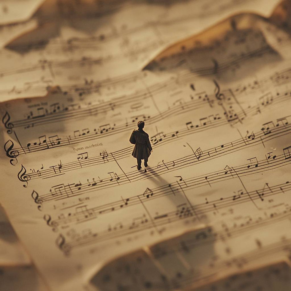 small musician on a musical score