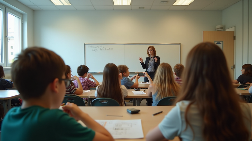 Wide angle view of a lively classroom where students engage in music education